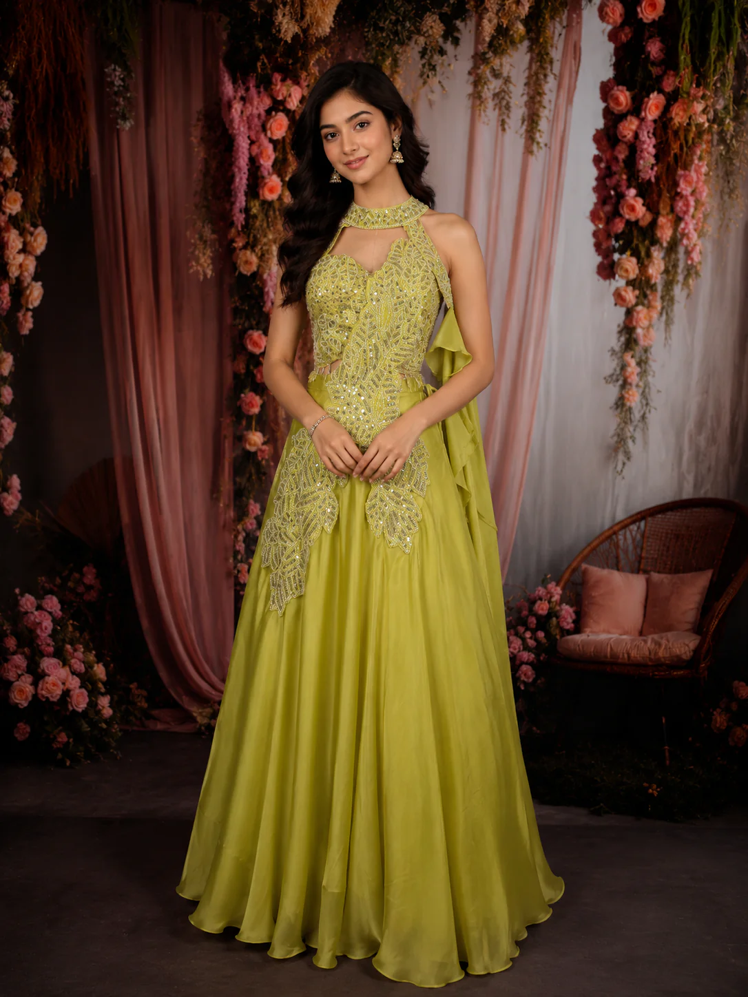 Lime Yellow Sequins and Beads Embroidered Design Georgette Party Wear Lehenga